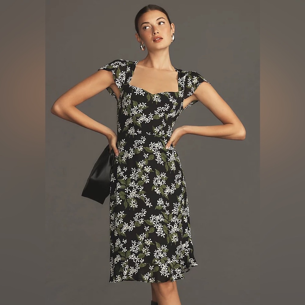 Reformation Black Floral Midi Dress with White & Olive Green Print